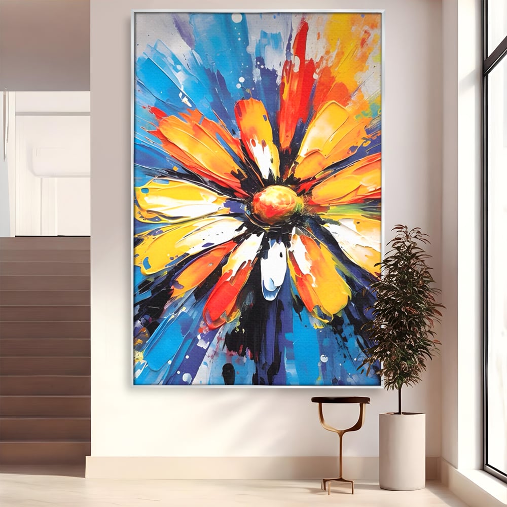 Tablou canvas cu pictura abstracta cu floare colorata, in rama de aluminiu argintiu